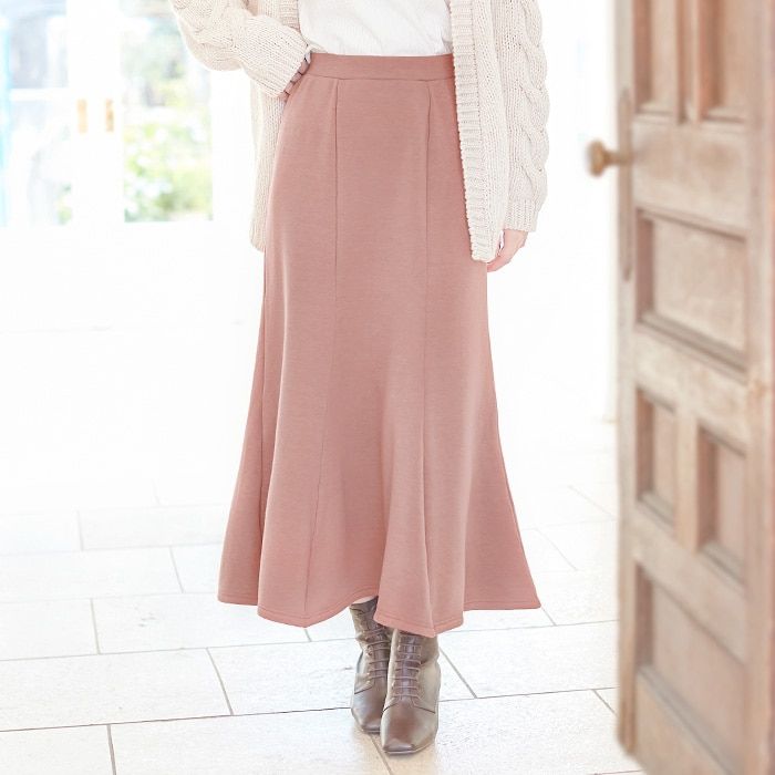 日本 BELLUNA - 百搭內刷毛魚尾長裙-蜜桃粉