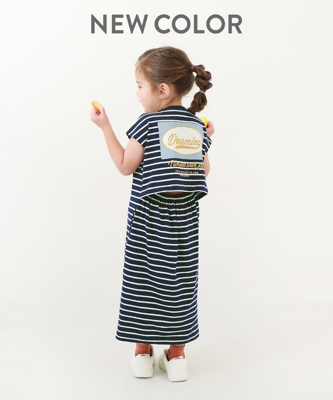 日本 devirock - 背後開口條紋休閒短袖洋裝-白黑x橘