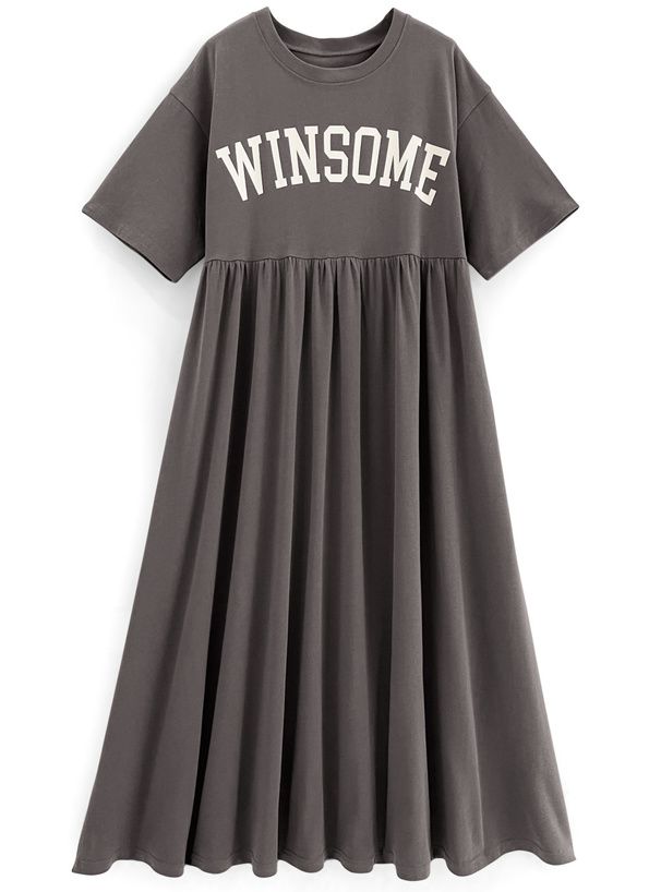 日本 GRL - 純棉美式休閒落肩短袖洋裝-石墨灰 (F)