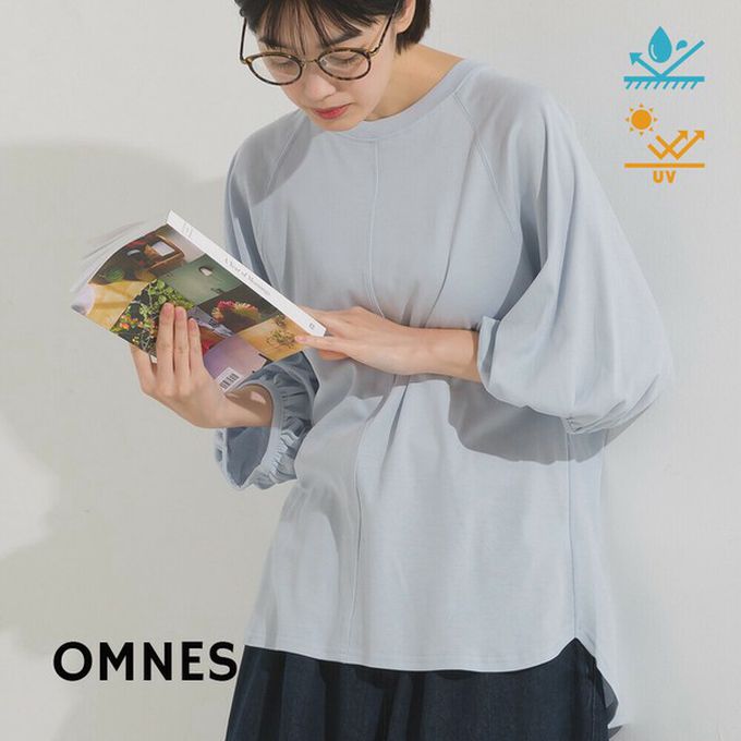 日本 OMNES - 抗透汗 薄透氣球七分袖上衣-水藍