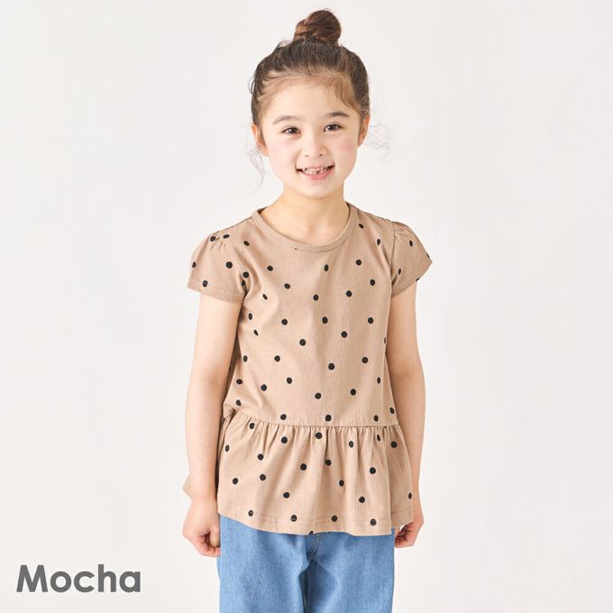 日本 evercloset - 100%棉 層次荷葉衣襬短袖上衣-點點-摩卡