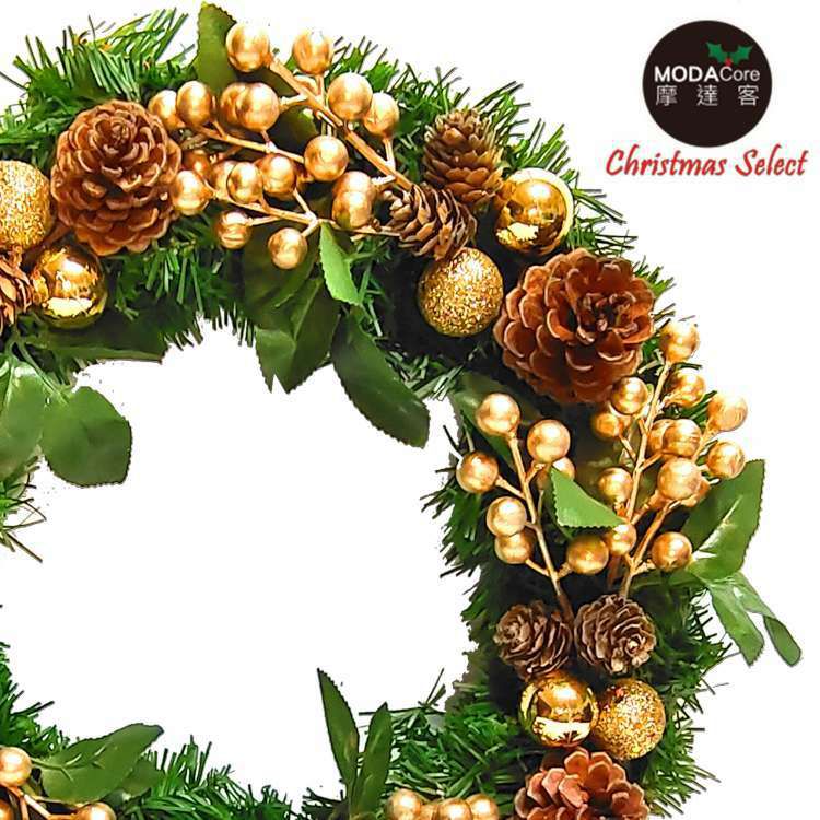 MODACore 摩達客 - 摩達客耶誕-台製歐風典雅14吋大地盛宴金球果松果聖誕花圈_福臨圈(免組裝/台灣設計手工藝製)