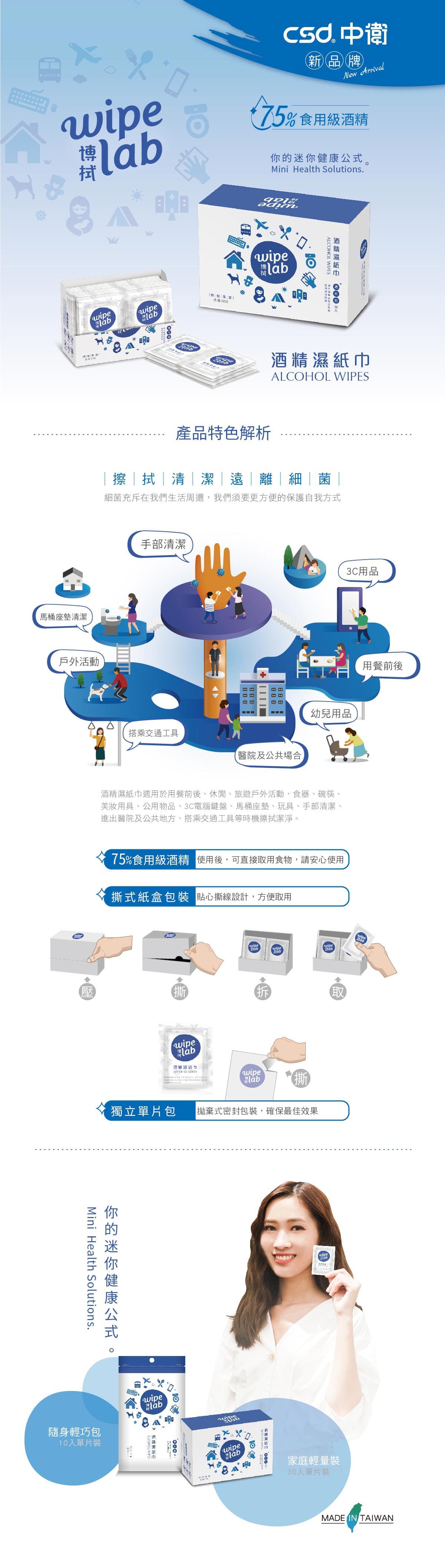 CSD中衛 - 【W博拭】酒精濕紙巾 1盒入(30片/盒)-12x12 cm