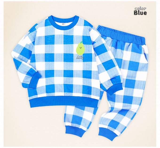 韓國 mollimelli - 水果印花大格紋長袖套裝-藍