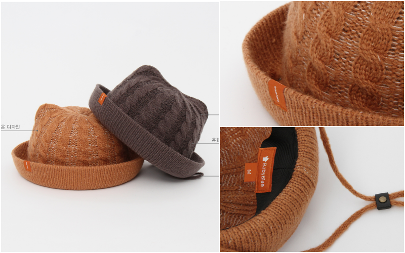 韓國 Babyblee - 辮子織紋帽簷針織帽-棕