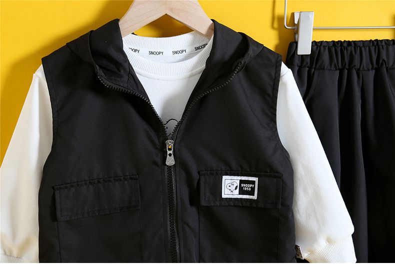 卡通人物史努比帥氣工裝長袖套裝(三件組)-黑色-背心+上衣+長褲