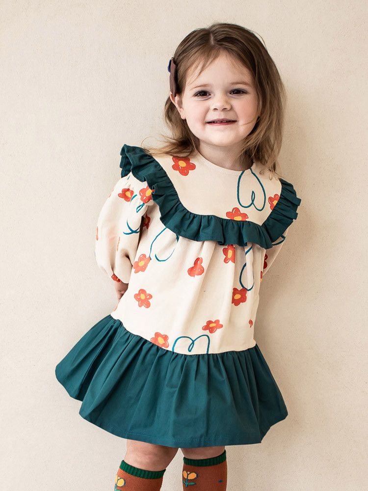 韓國Pimpollo - 微笑花朵荷葉邊洋裝-橘