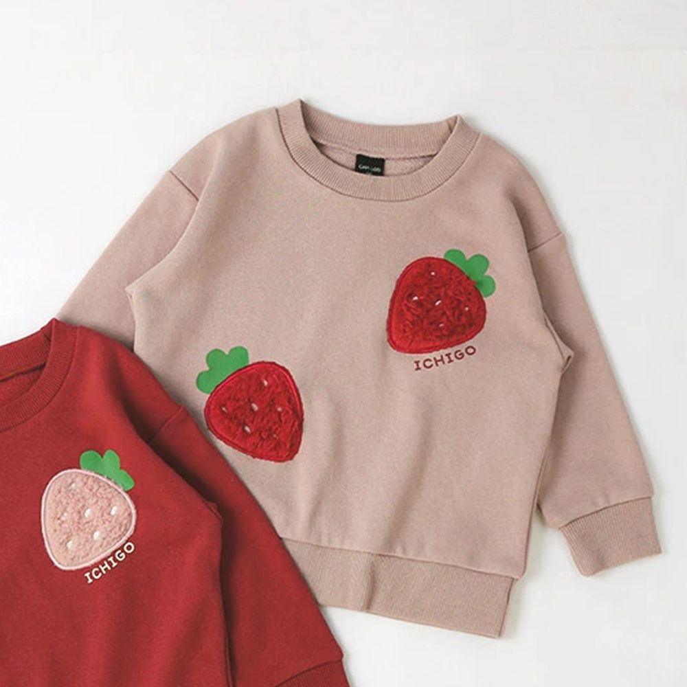 立體刺繡貼布長袖上衣-草莓-灰粉