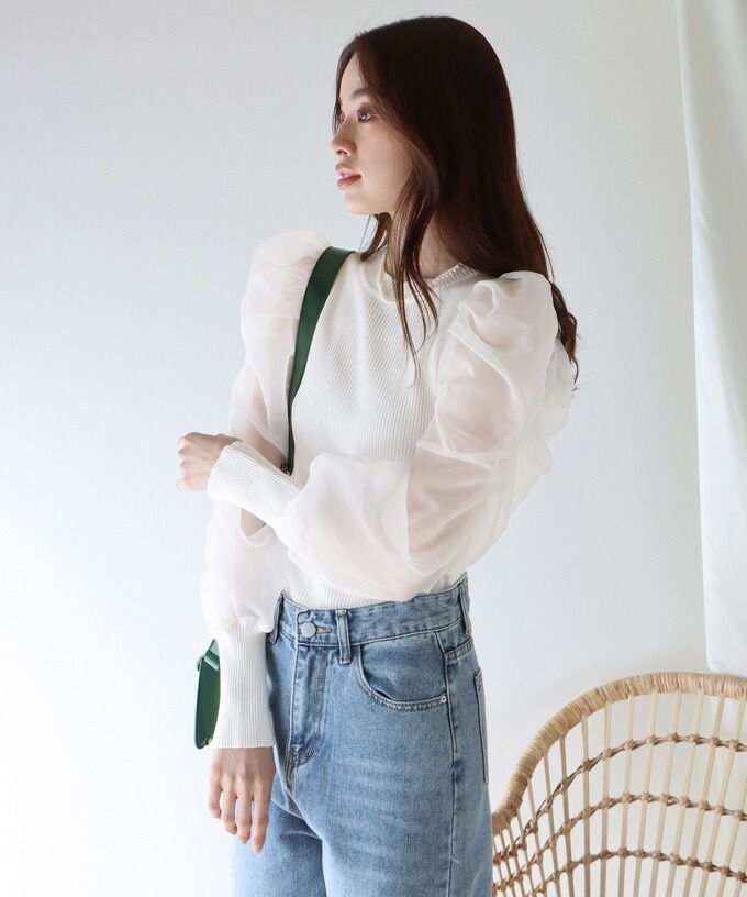 日本 BLUE EAST - 氣質薄紗抓皺長袖上衣-灰