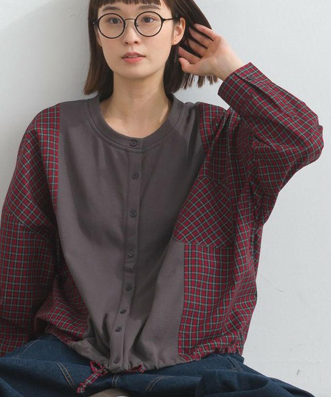 日本 Lupilien - 可愛格子拼接裏毛休閒襯衫-深灰x紅