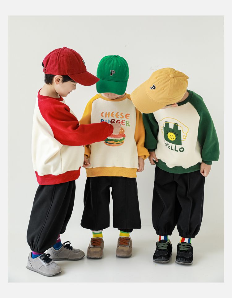 TONGMO - (加絨)卡通圓領保暖長袖上衣/大學T-漢堡-黃+米白