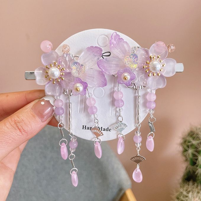 love, charlotte - 漢服花朵流蘇吊墜髮飾對夾-寶寶藍色