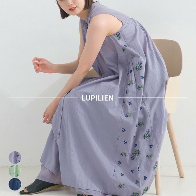 日本 Lupilien - 100%印度棉 優美植物側邊刺繡無袖洋裝-海軍藍