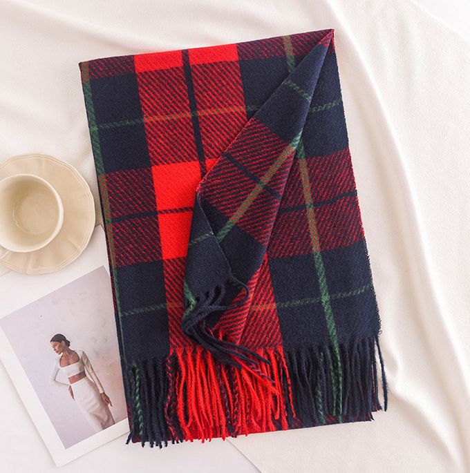 Love, Charlotte - 聖誕新年百搭紅色仿羊絨圍巾披肩-紅靛藍綠格 (均碼 (70x190cm))