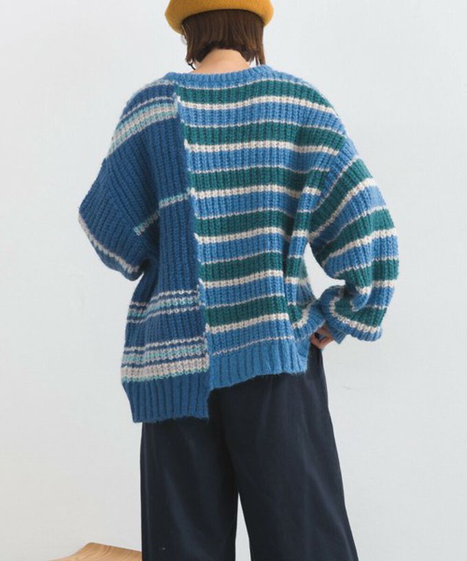 日本 Lupilien - 交錯明亮撞色條紋粗編毛衣-棕色系