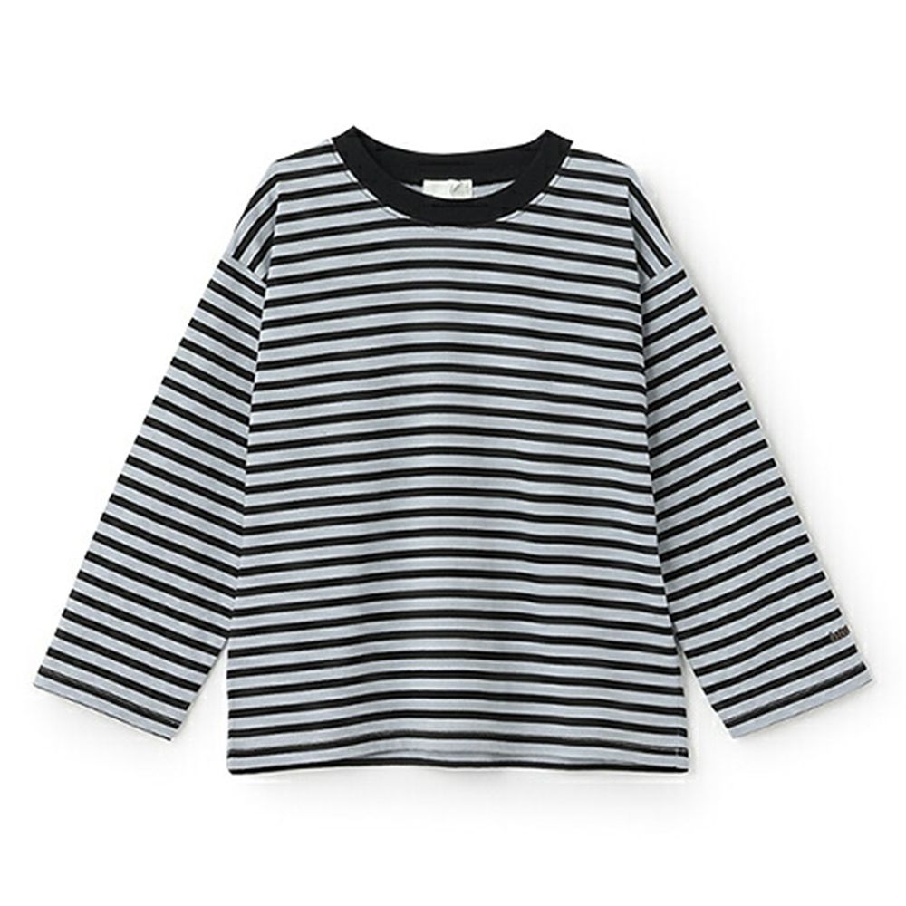 100%棉 寬鬆落肩定番條紋長袖上衣-灰藍