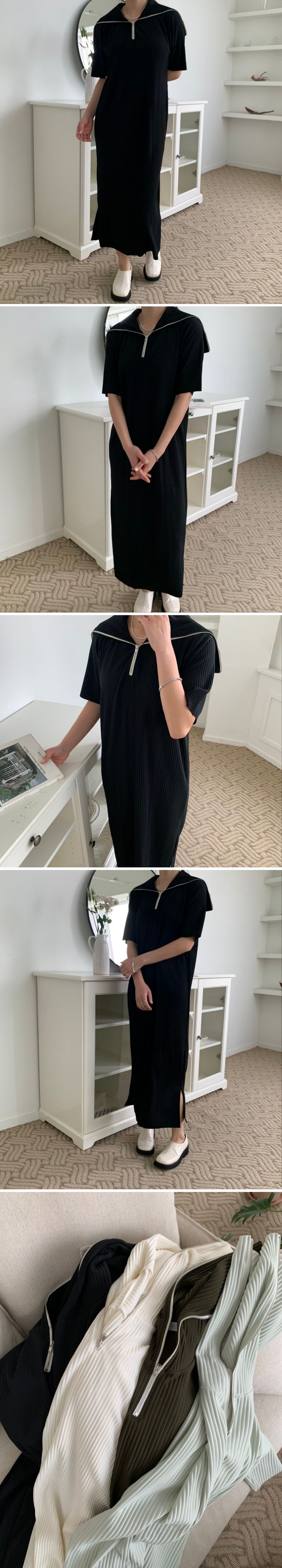 韓國 LANDING - 開衩拉鍊翻領短袖洋裝-白 (FREE)