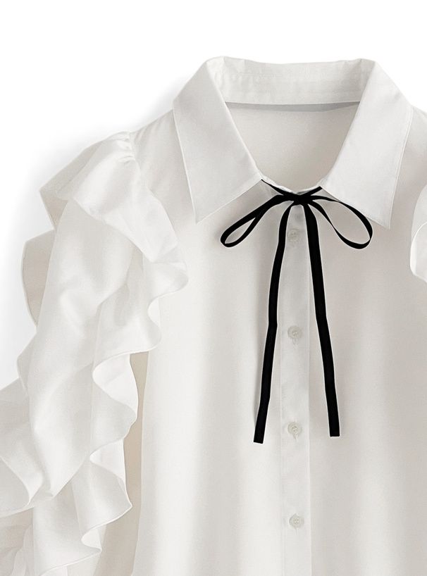 日本 GRL - 華麗荷葉袖翻領長袖襯衫-白 (F)