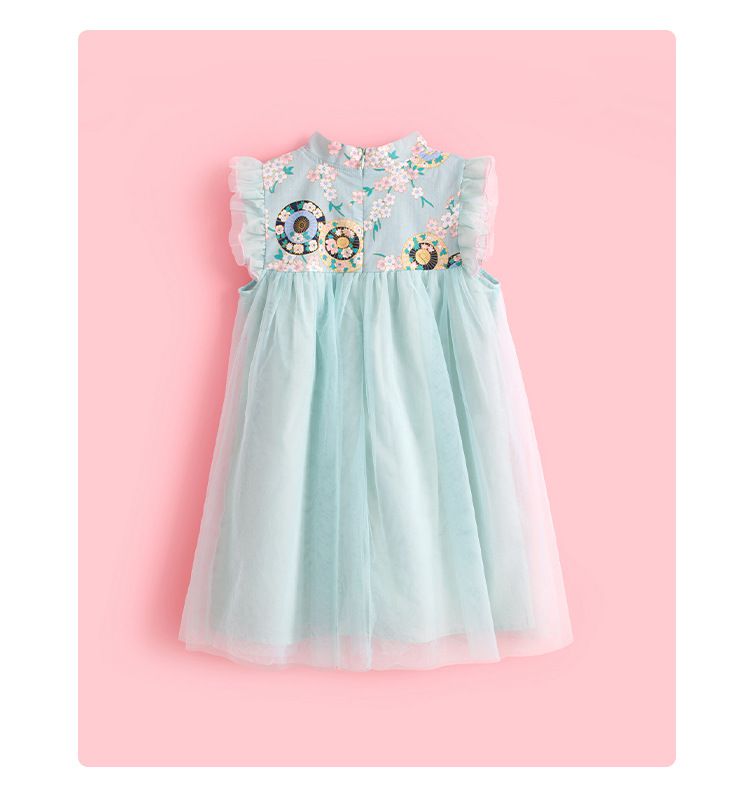 漢服風網紗旗袍背心洋裝-淺藍色