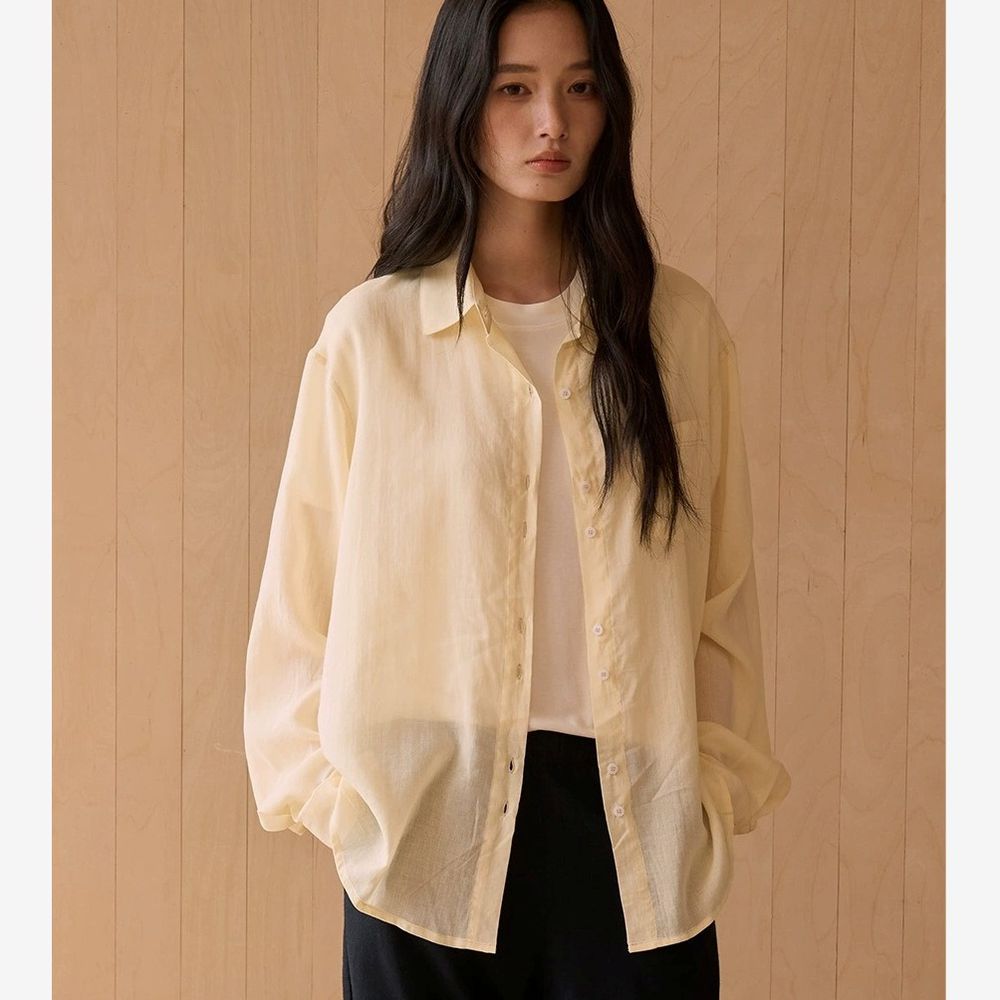 極簡慵懶天絲亞麻輕盈呼吸襯衫-淺黃