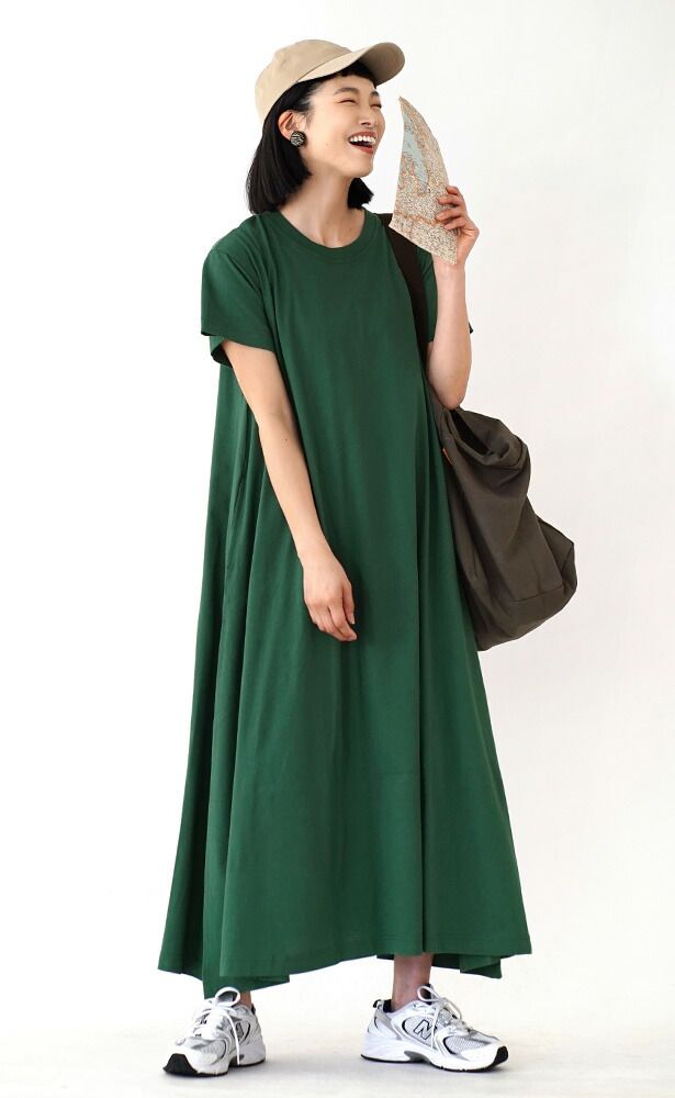 日本 zootie - 抗透汗 純棉修身短袖洋裝-圓領-煙燻藍