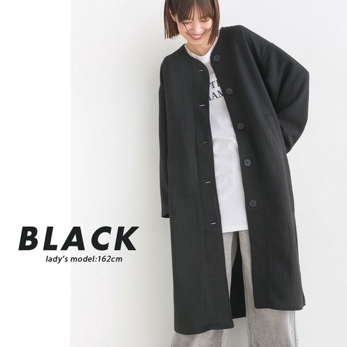 日本 OMNES - 圓領直絎縫修身長版大衣/外套-簡約黑