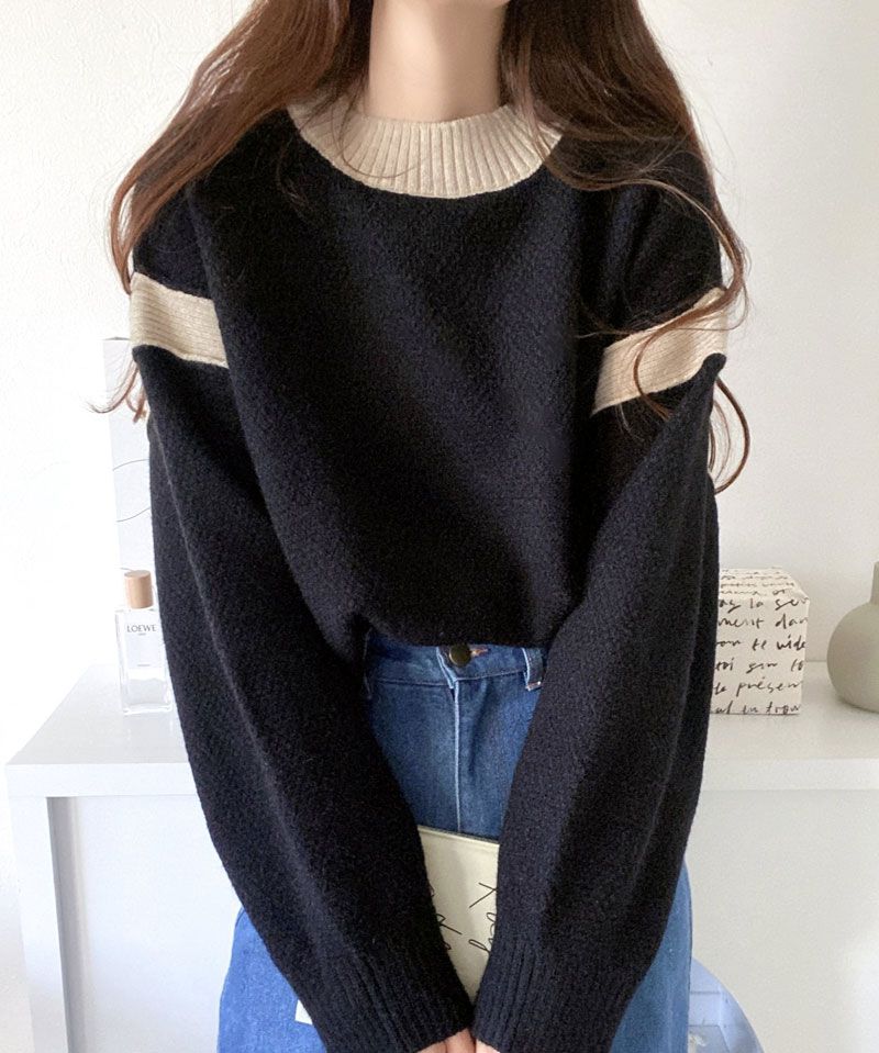 日本 Classical Elf - 撞色拼接寬鬆落肩毛衣-黑x杏