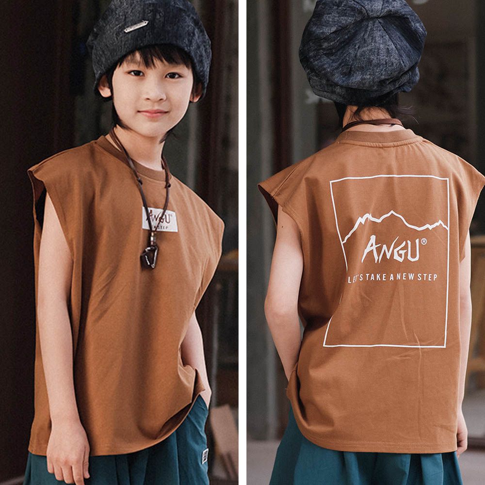 棉質圓領無袖背心-時尚字母-咖色