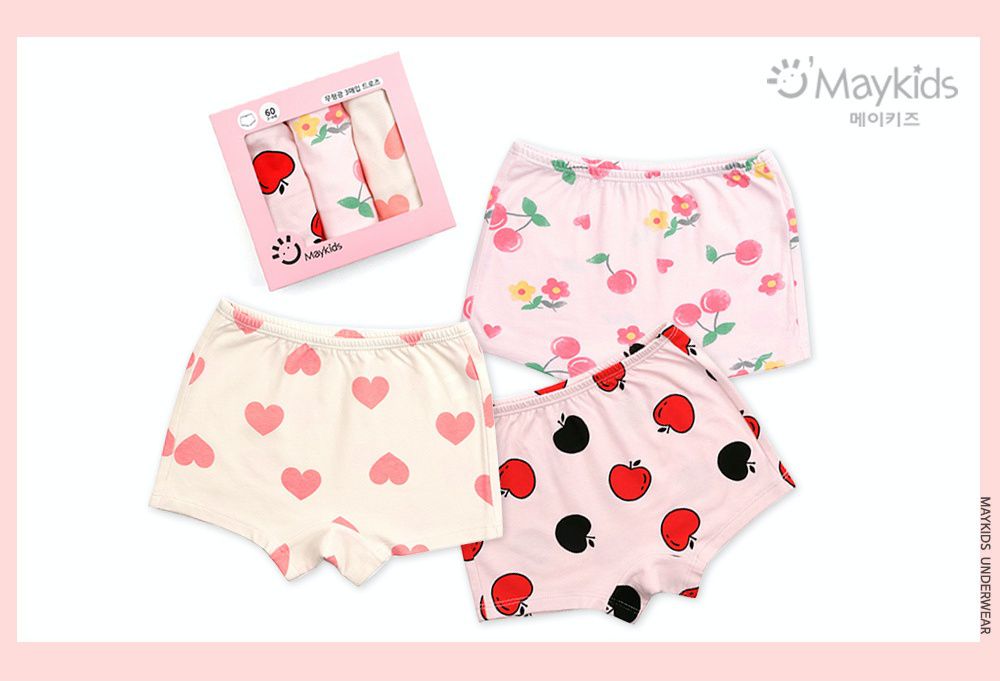 韓國 Maykids - 無螢光棉女寶四角褲三入組-公主花園