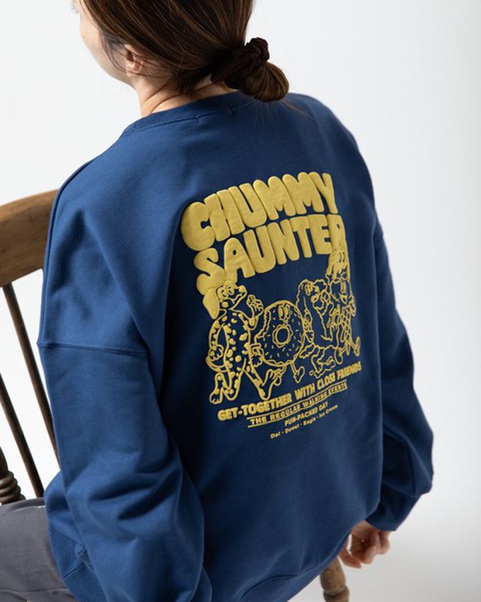 日本 gleam - 裏毛寬版甜點好友印花大學T-炭黑x橘