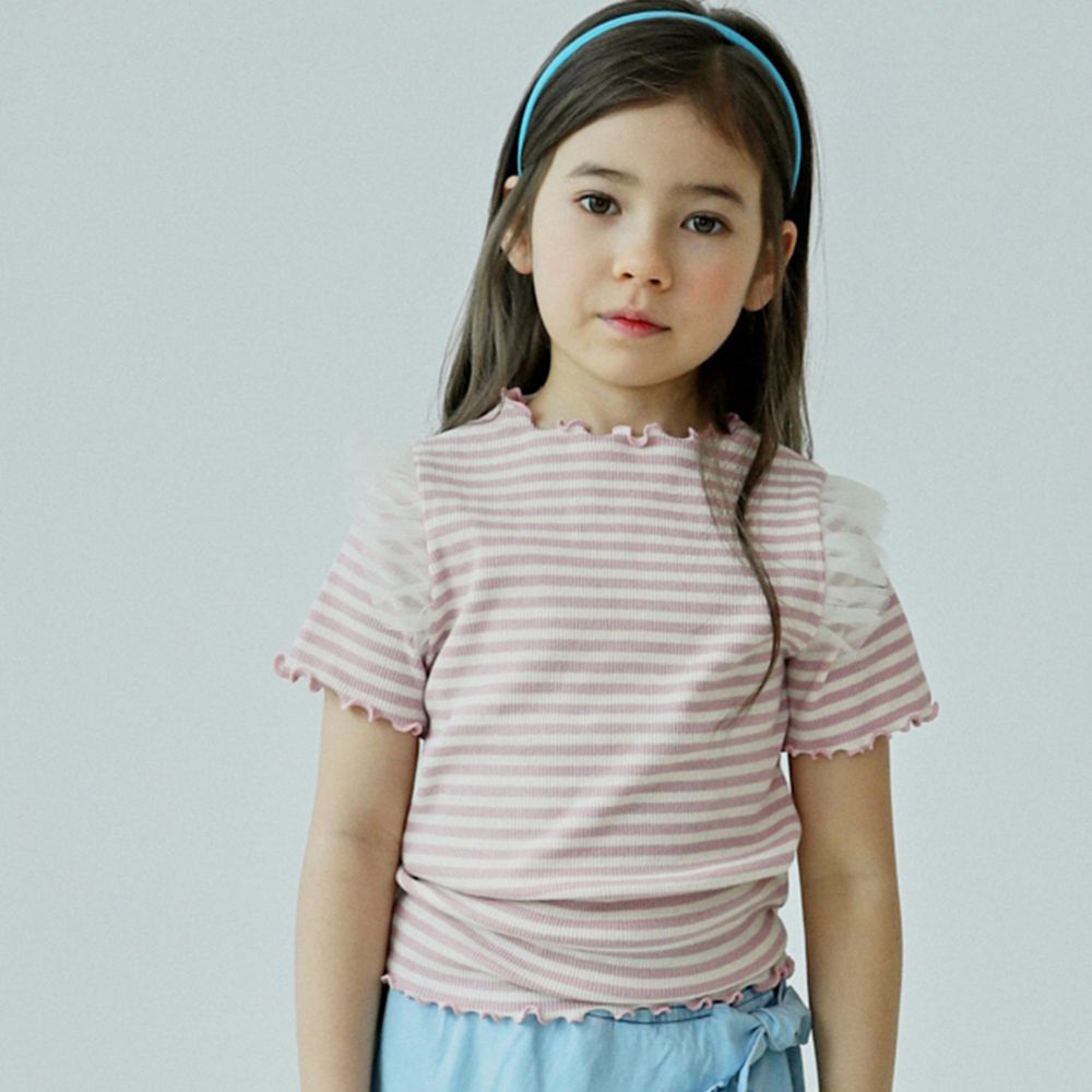 韓國 ERU - 網紗裝飾袖條紋T-粉紅