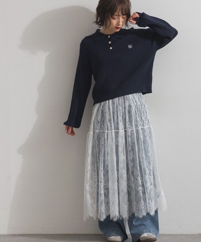 日本 ELENCARE DUE - 奢華睫毛蕾絲飄逸長裙(2件式)-黑