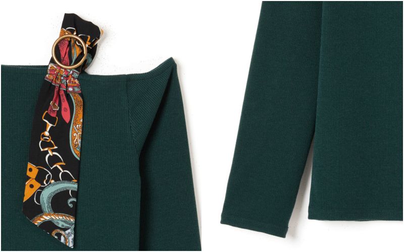 日本 GRL - 明星聯名款 絲巾肩帶大斜領上衣-橄欖綠