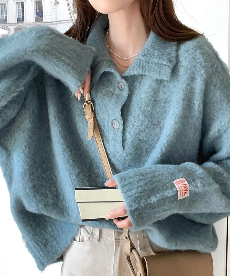 日本 Classical Elf - 毛茸茸排扣翻領寬鬆毛衣-深灰