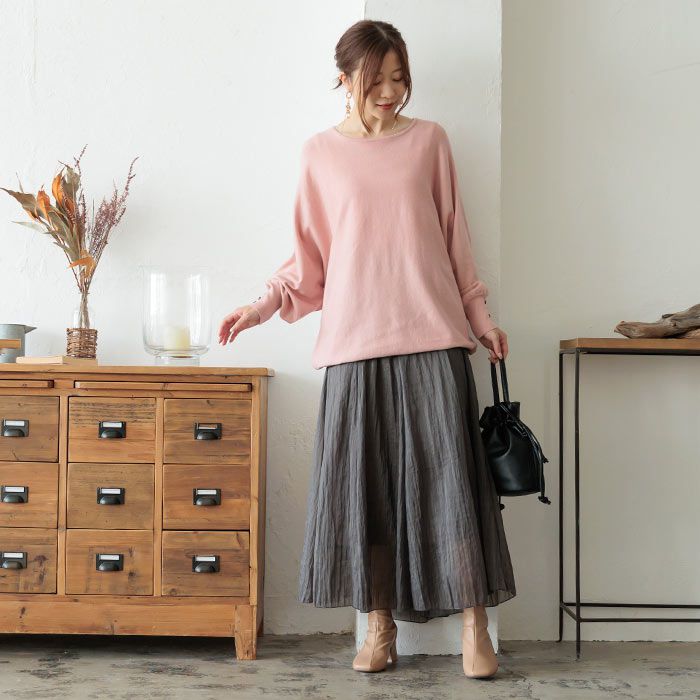 日本 ihuu - 袖釦寬鬆大圓領舒適針織上衣-灰藍