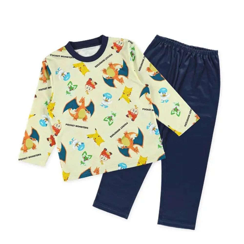 人氣聯名 四季款長袖睡衣/家居服套裝-卡通人物寶可夢-淺黃x海軍藍