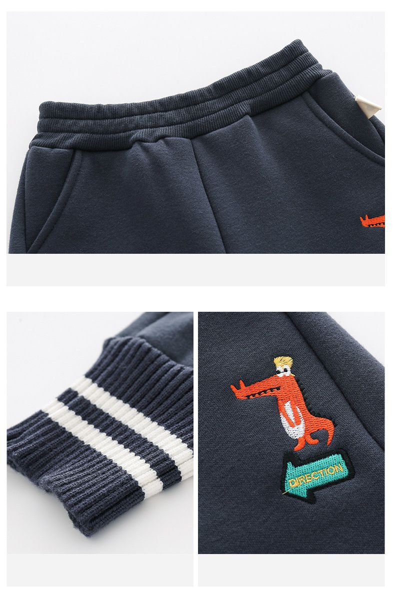 薄絨腰鬆緊休閒保暖束口長褲-呆呆小鱷魚-深灰色