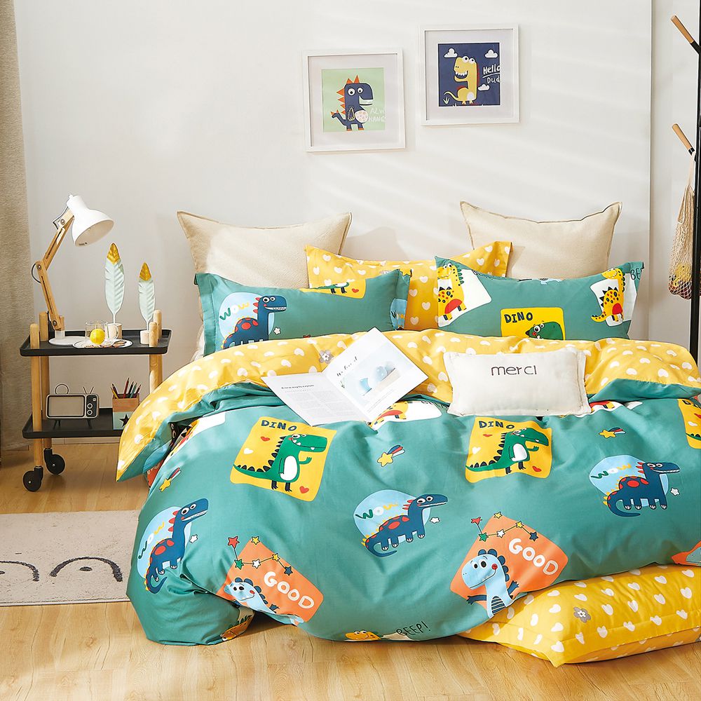 台灣製 極致純棉寢具組-恐龍家族-綠-雙人三件式床包組