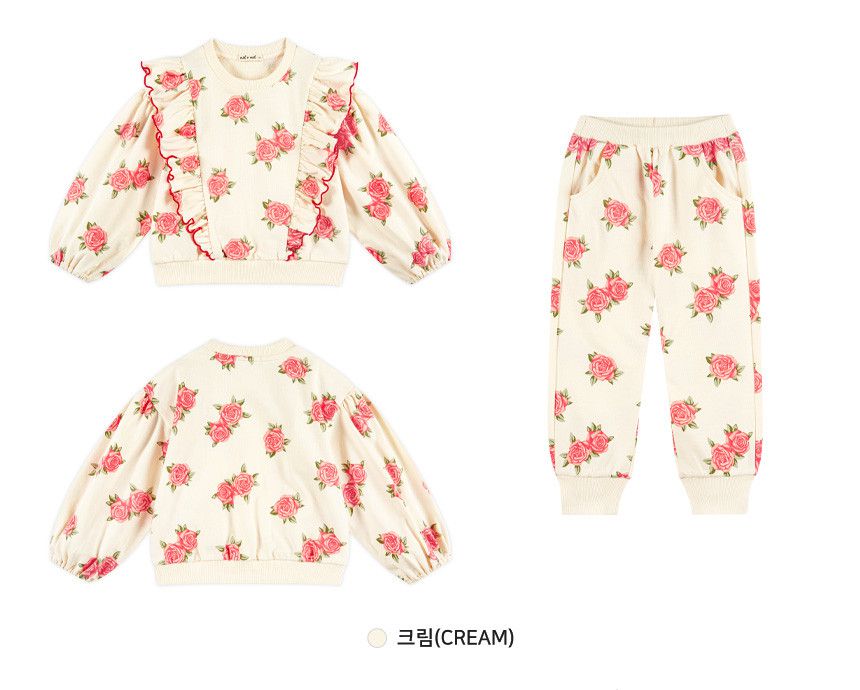 韓國 WALTON kids - 滿版玫瑰花印長袖縮口套裝-奶油白