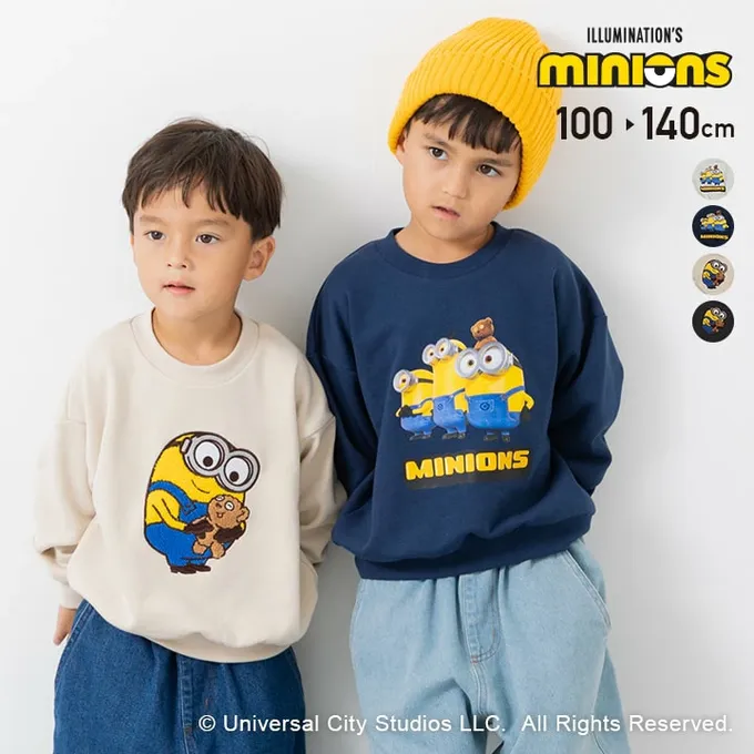 日本 Chil2 - 限量聯名 裏毛印花大學長袖上衣-卡通人物小小兵-三人組-燕麥