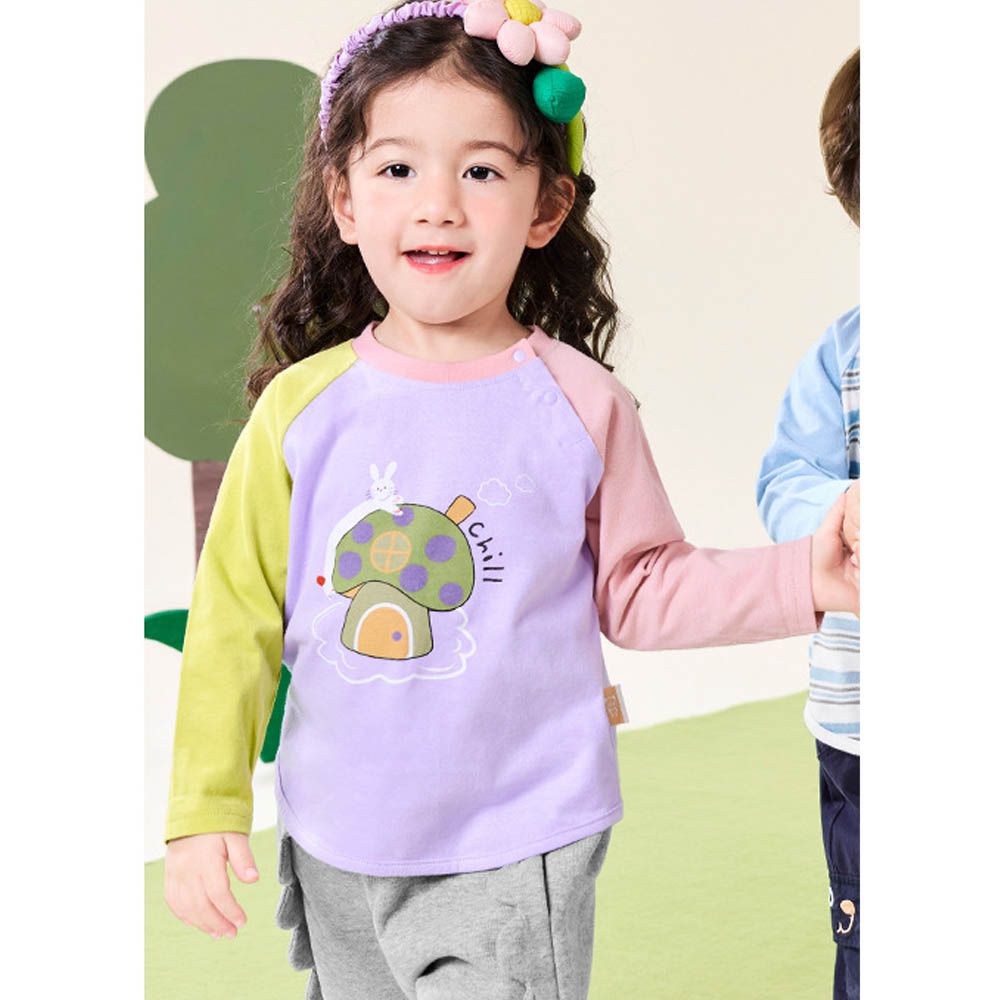 純棉圓領長袖上衣-蘑菇小屋-綠粉拼袖