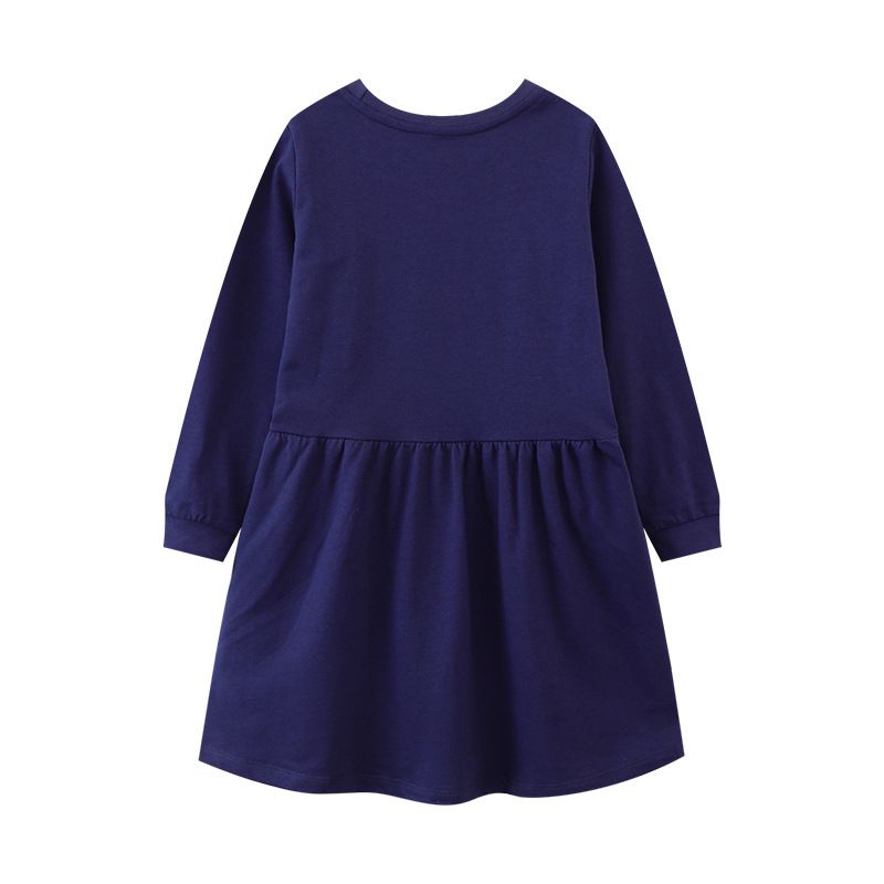 Jumping meters - 棉質圓領長袖連身洋裝-花花與蜜蜂-深藍色