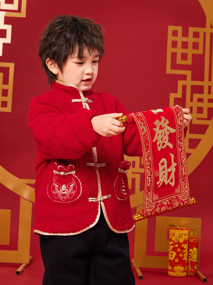 漢服風喜氣拜年立領盤釦外套-福氣口袋-紅色