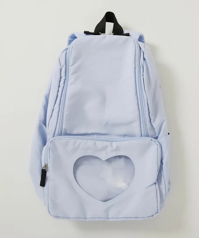 日本 devirock - 心型透明窗(娃包口袋)輕巧大容量後背包-附鏡子-冰藍