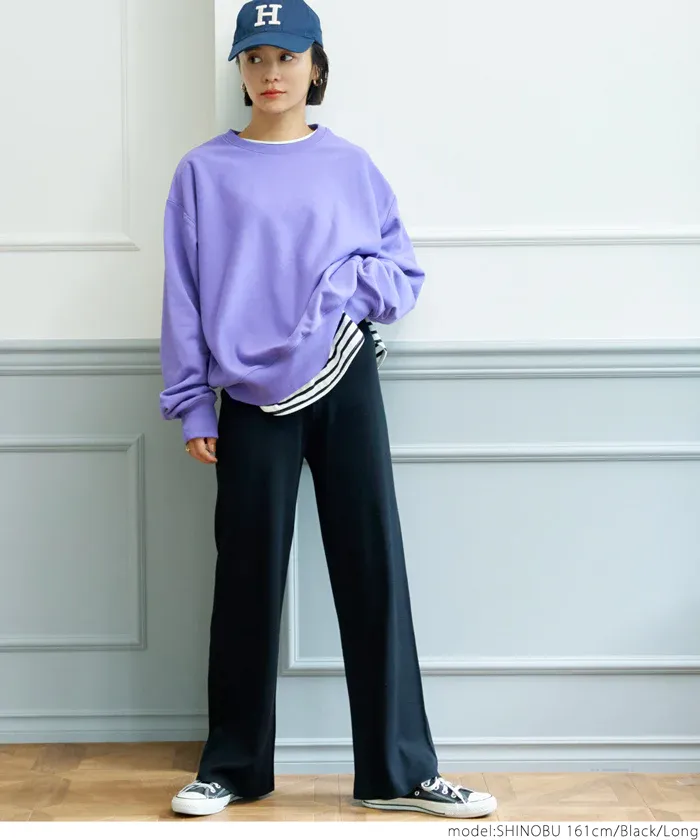 日本 COCA - 針織彈性垂墜美腳寬褲-深藍