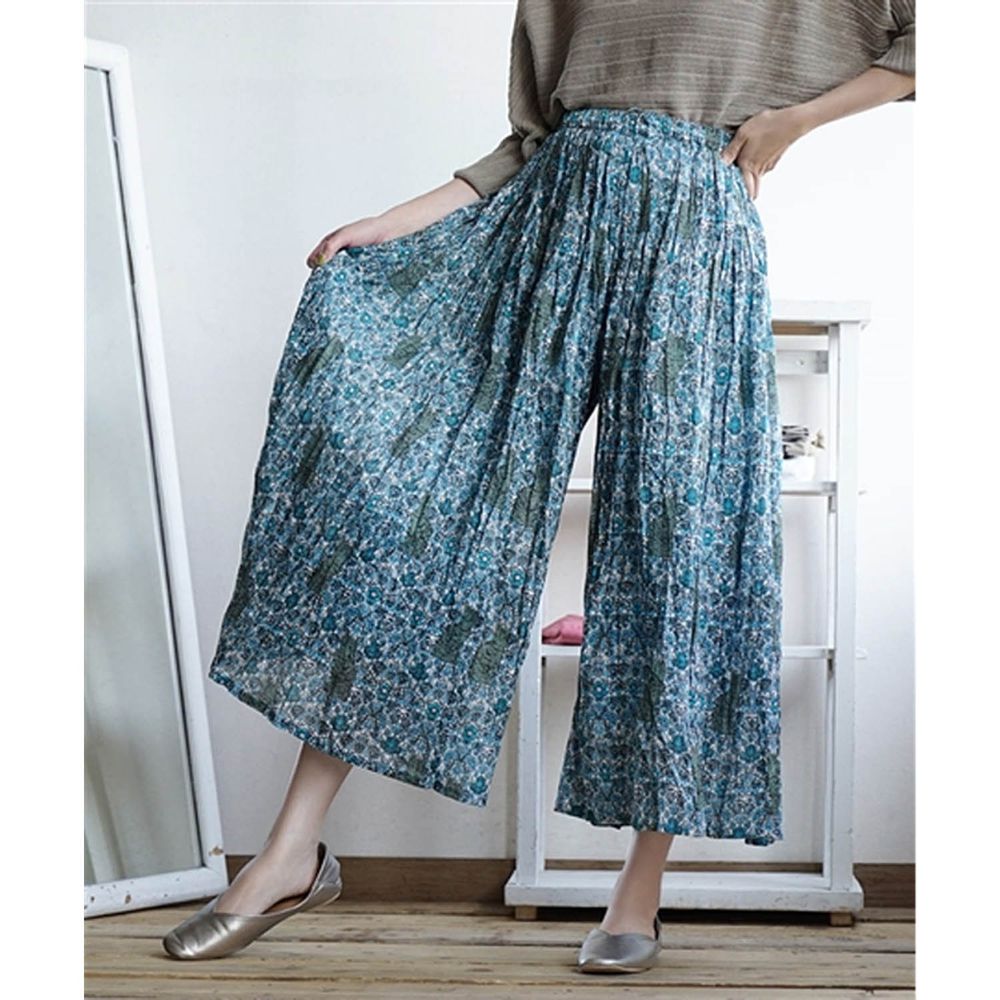 日本 zootie - 100%印度棉 超透氣舒適寬褲-花與貓-藍