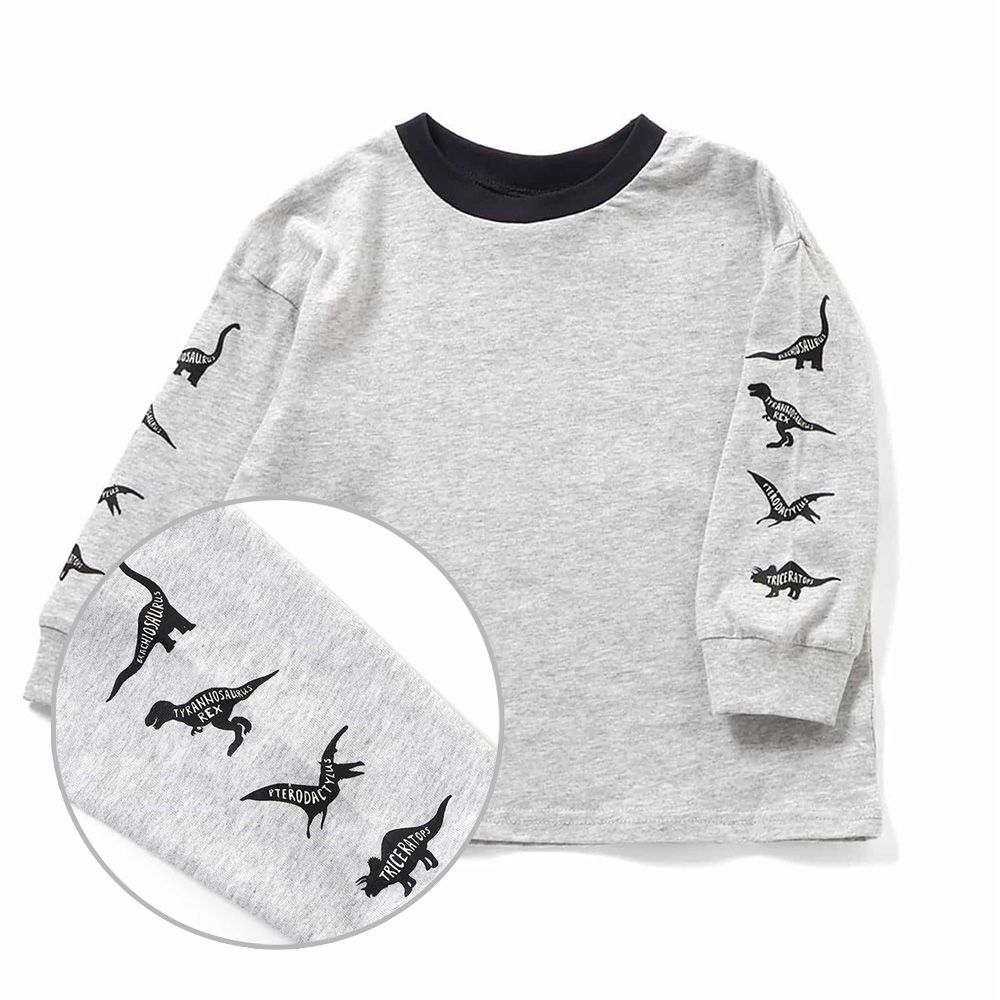 雙手可愛印花長袖上衣-史前恐龍-淺灰
