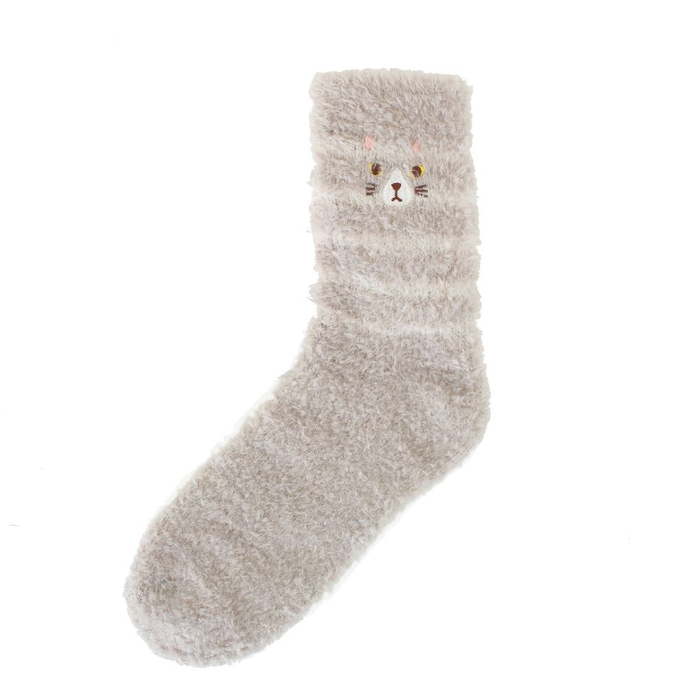 日本 TOMO - 可愛動物刺繡毛絨保暖襪-川貓-灰條紋 (22-25cm)