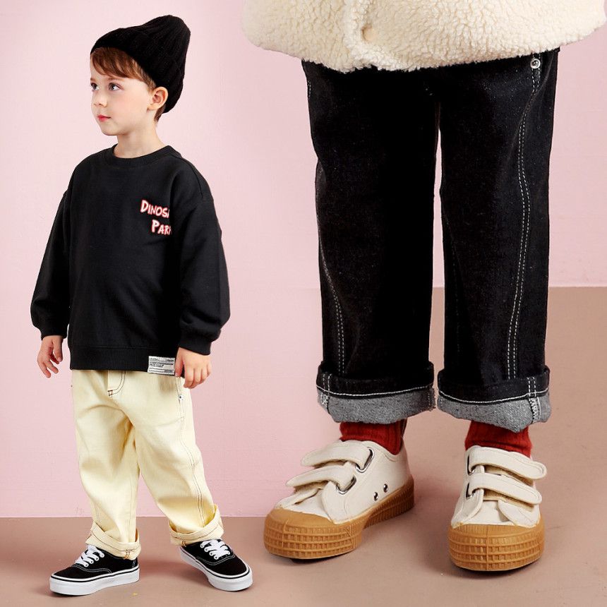 韓國 WALTON kids - 鬆緊腰鈕扣裝飾丹寧布長褲-黑