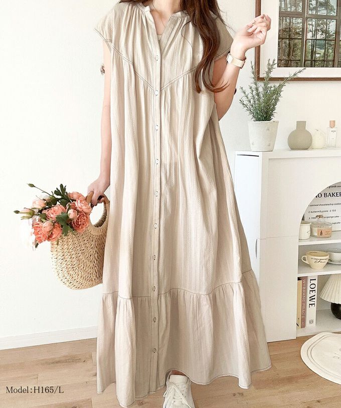 日本 Classical Elf - 法式優雅V領縫線開襟洋裝-卡其杏